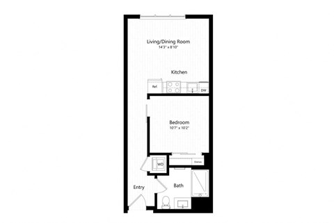 Floor plan for 1 bed, 1 bath, 524 sqft